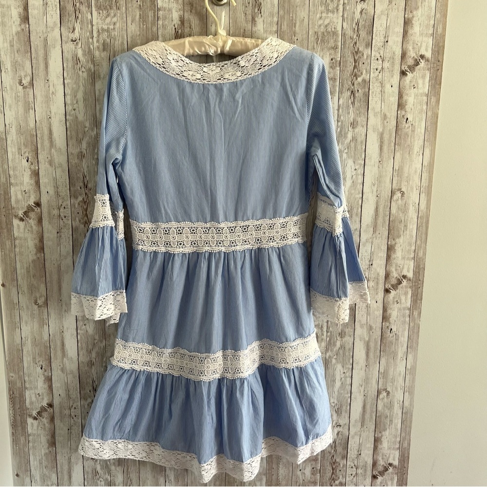 Sail to Sable Blue Seersucker Lace Trim Dress Preppy Cottage Nantucket Small - Picture 2 of 4
